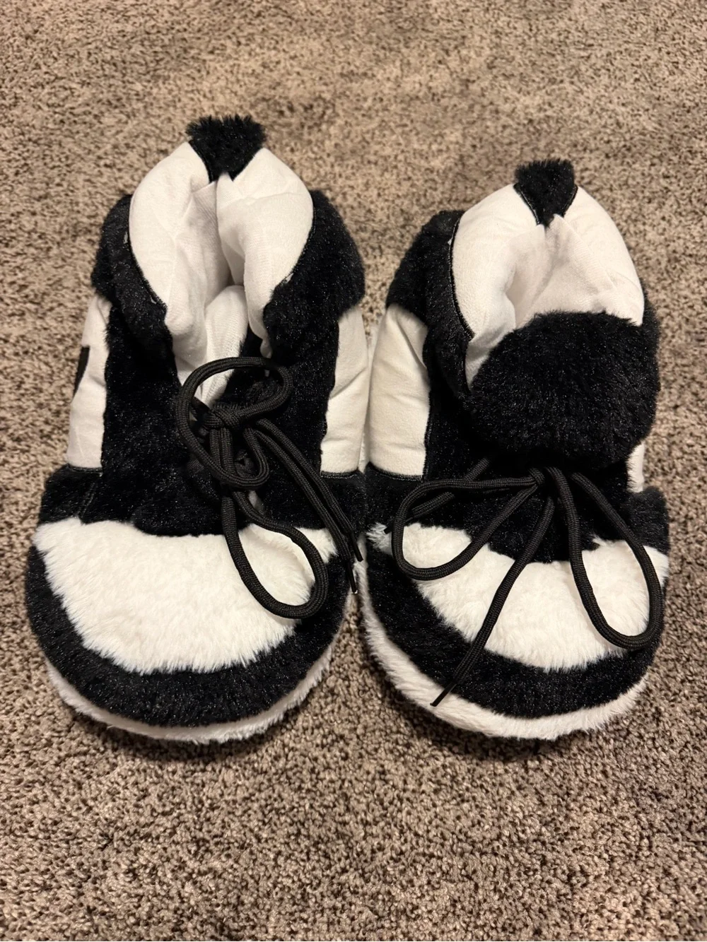 Kids Black and White Plush Bootie Slippers